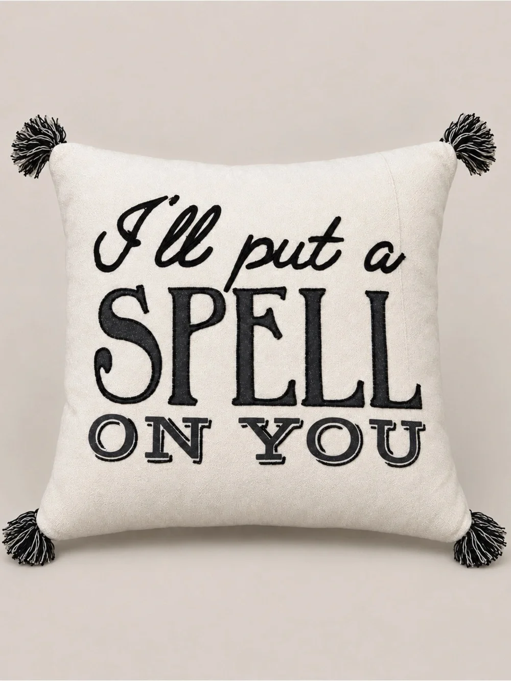Halloween I’ll Put a Spell on You Square Beige Pillow 20” Cotton Feather Tassels